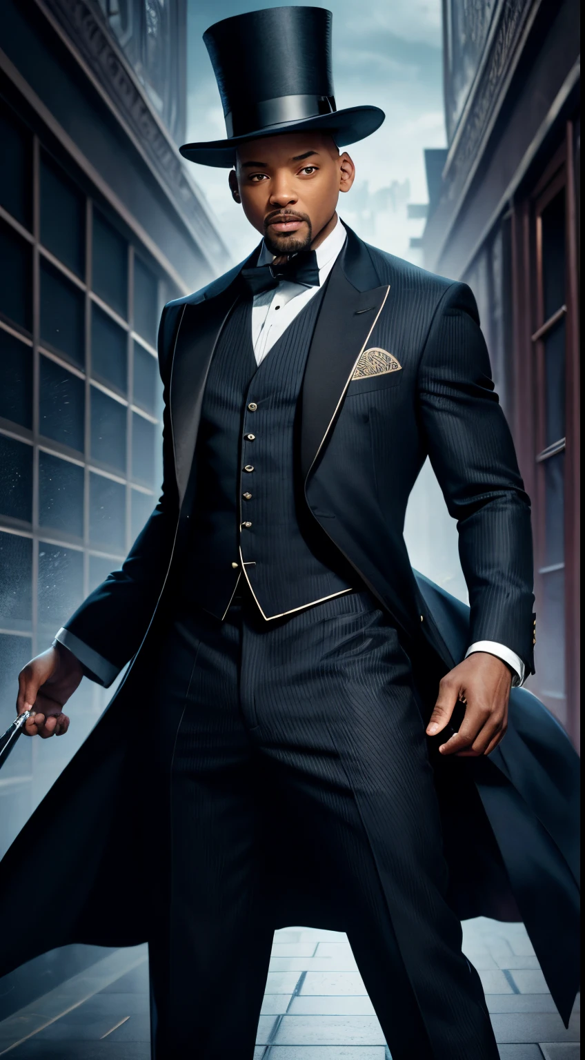 Will Smith is a magician in a suit and top hat like Doctor Strange, marvel, Abs, Beard and Gray Hair, psychotechnical training, full body photo, photo from head to toe, 35mm Spring, photography, ultra details, HDR, UHD, 8k