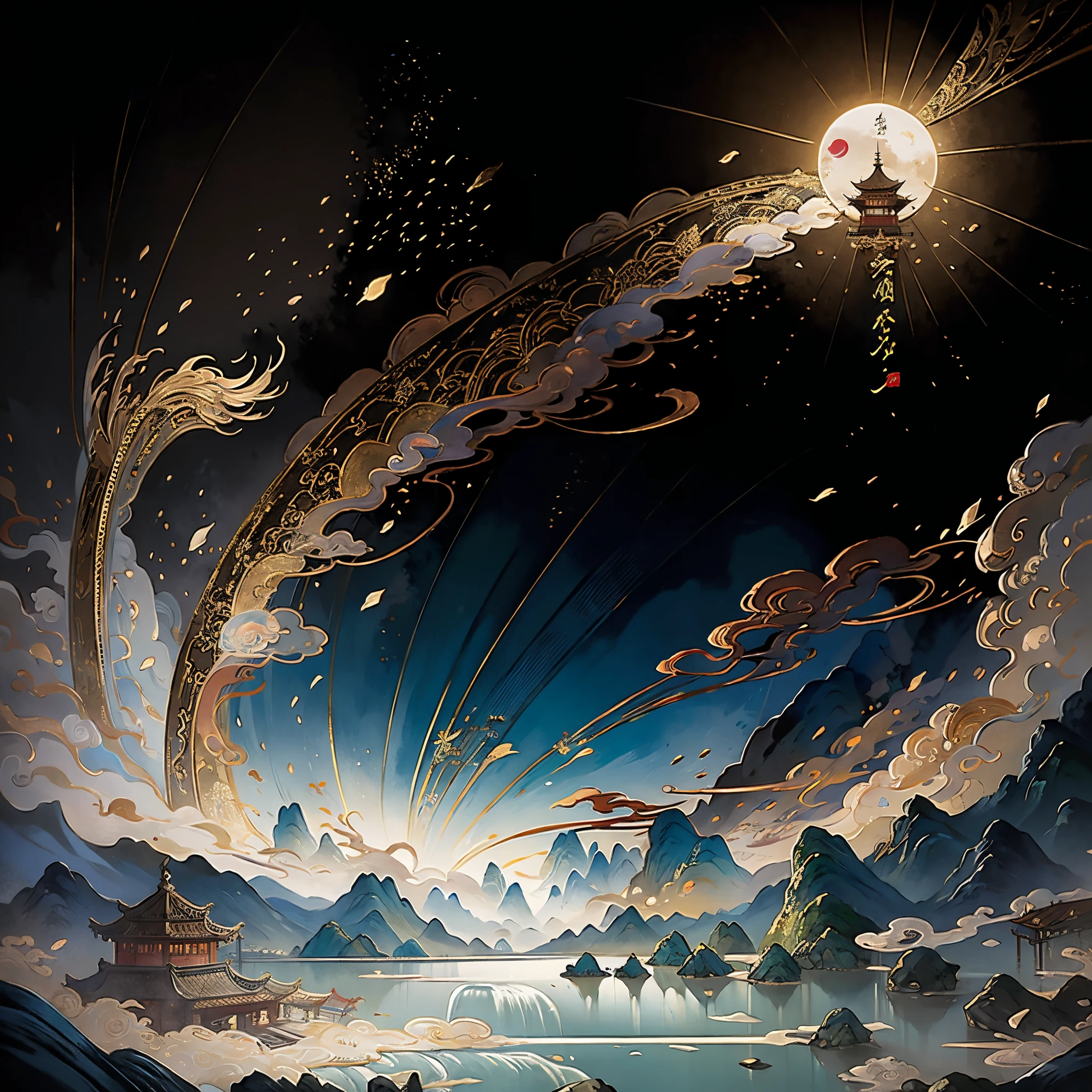 An ancient Chinese painting, ancient Chinese background, mountains, rivers, auspicious clouds, pavilions, sunshine, masterpieces, super detail, epic composition, ultra HD, high quality, extremely detailed, official art, unified 8k wallpaper, Super detail, 32k -- v 6