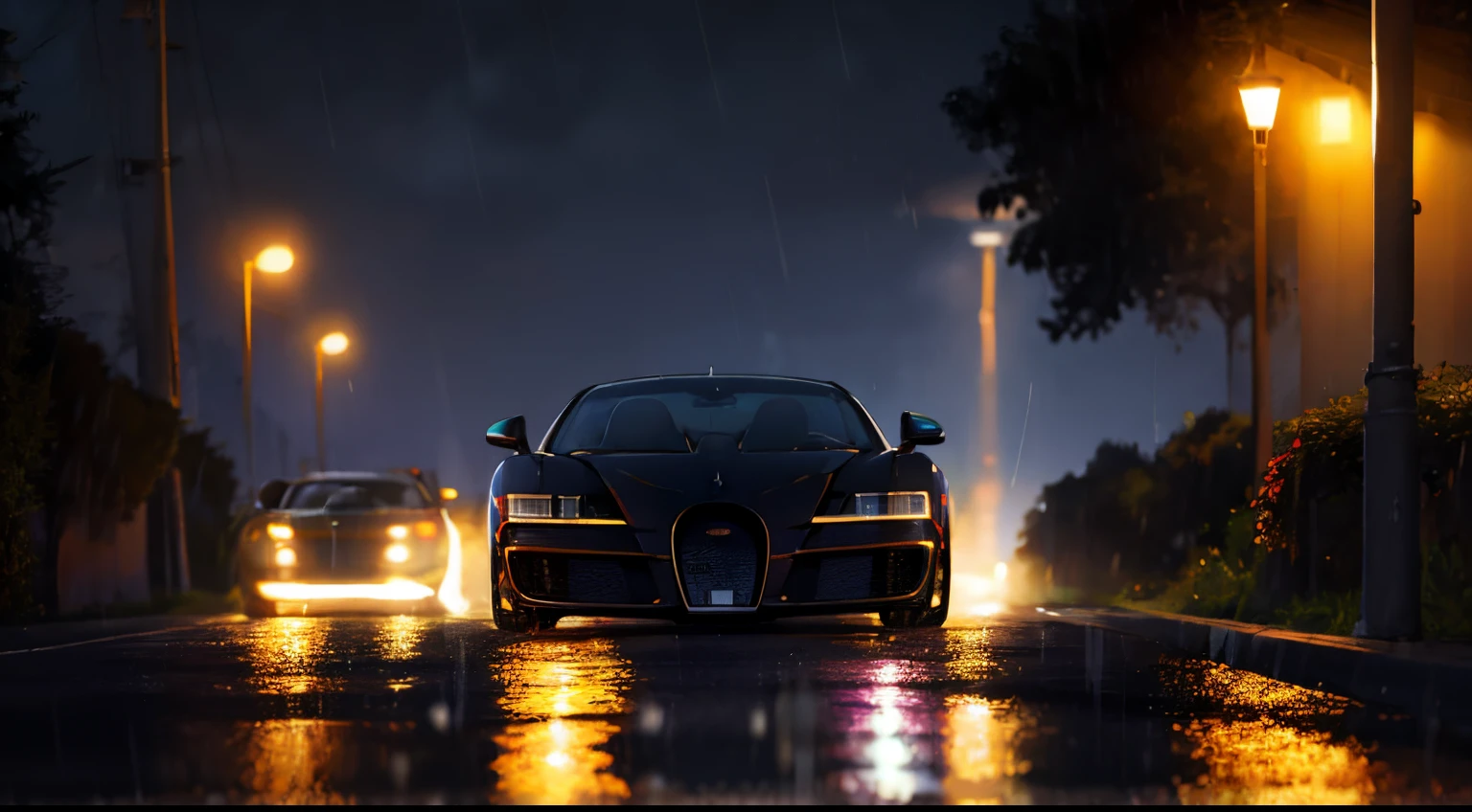black car, bugatti, purple lighting, night, raining, dark,