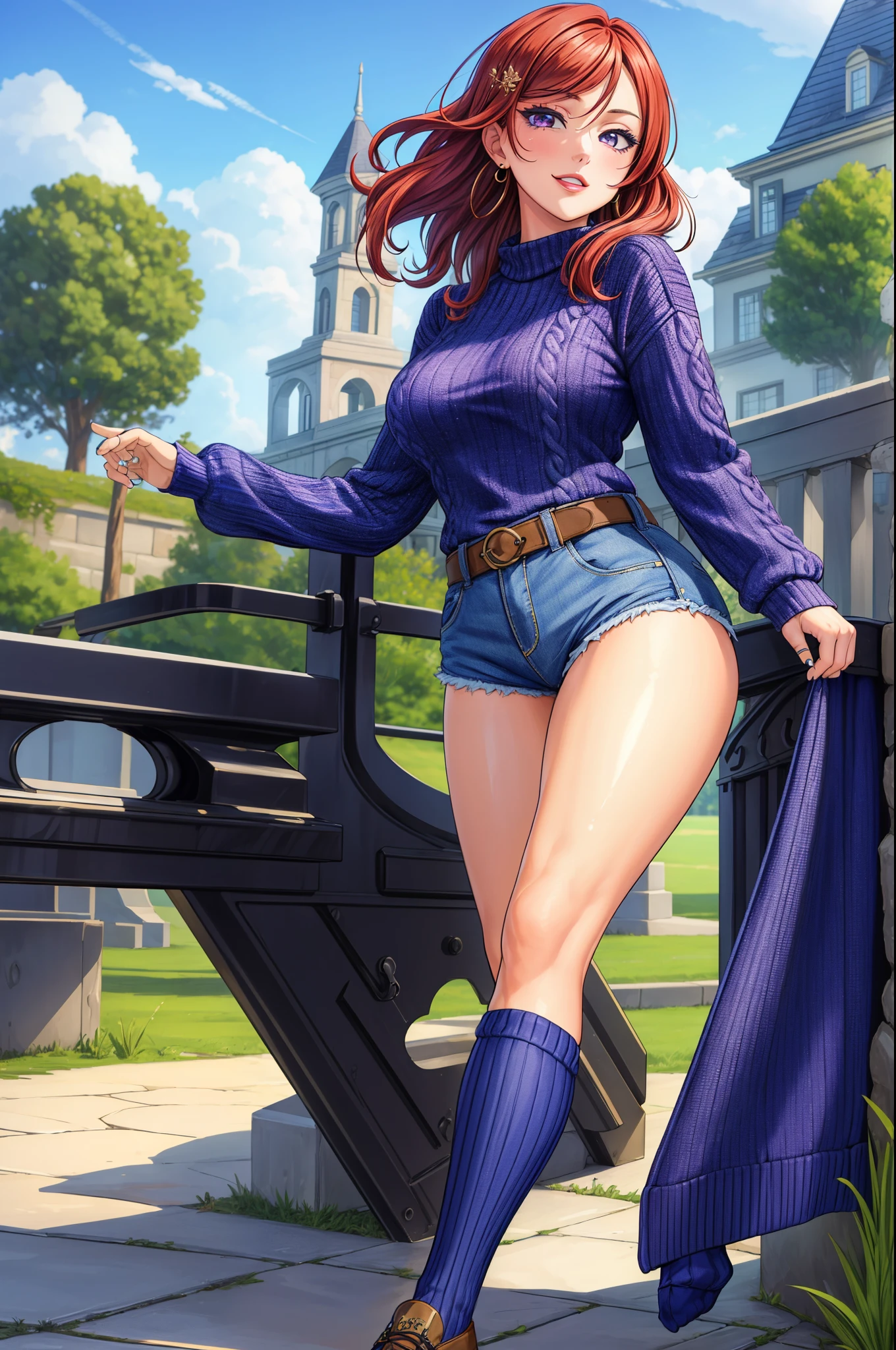 (Masterpiece, Best Quality, High Quality:1.4), professional artwork, well drawn, Intricate Details, field of view,
Nishikino maki, race background, afternoon, 
Red hair, lipstick, makeup, ultra detail hair, ultra detail face, perfect eyes, perfect face, earring, purple eyes, Looking at Viewer, flirting, one hand on hip,
Tight short denim shorts, crop jacket, sweater, long socks, thicc thighs.