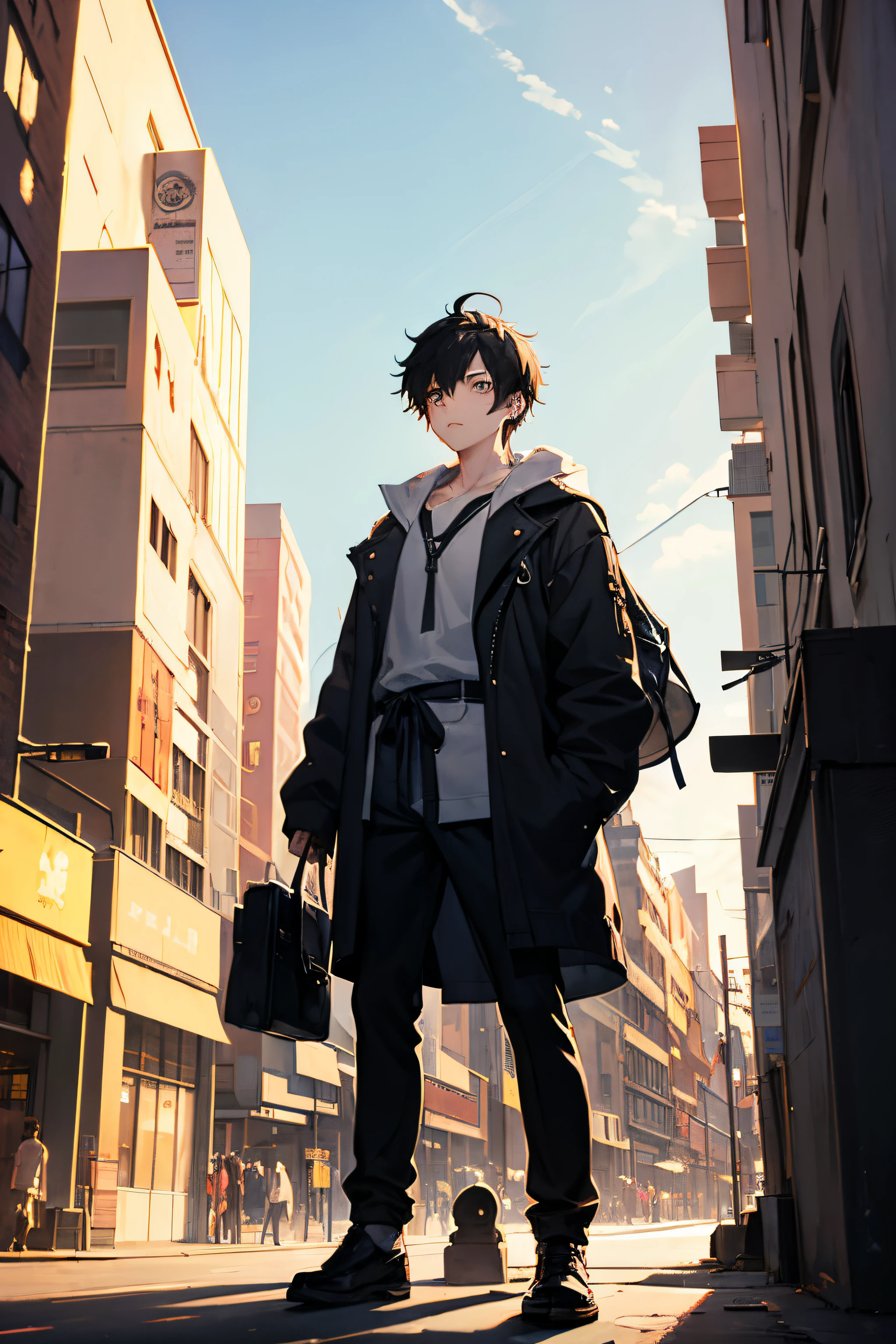 one , transformado en un estilo anime, with exaggerated unique facial features and clothing, De pie en una bulliciosa calle de la ciudad, Fondo retroiluminado que resalta el sujeto, Colores de alto contraste, 4K HD quality,joven, calma, guapo