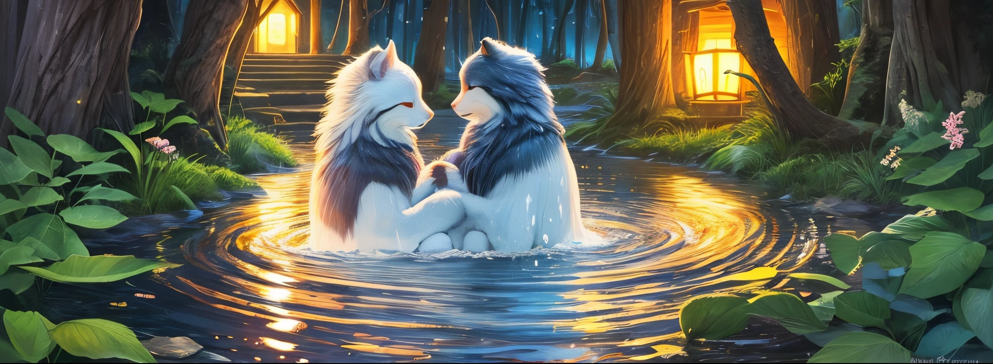 A naked girl sleeping face down on a white wolf,force,forest,river,nature