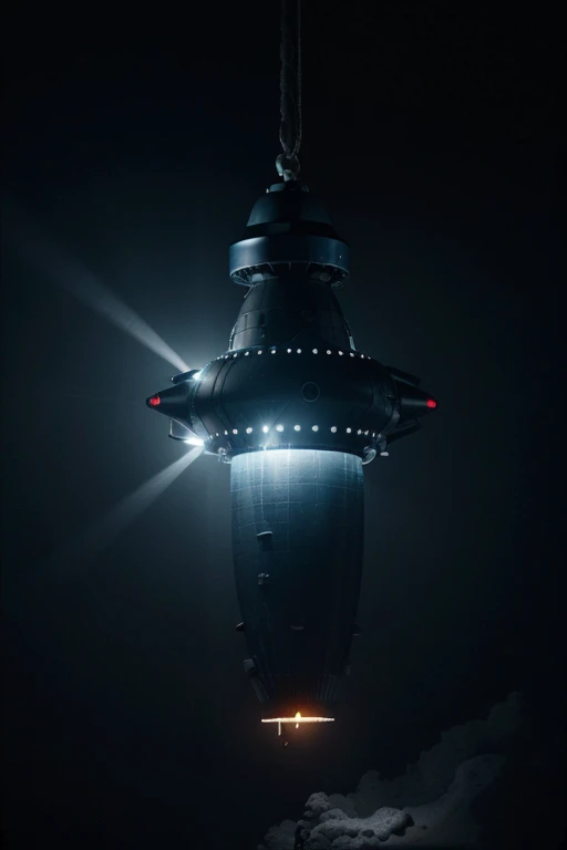 Single vertical metallic bathyscaphe vertical submarine Deepsea Challenger 3D floating by gray tissue hot air balloon, blurred dark blue environment, dark depth, low light, dense dark atmosphere