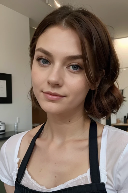 Bei Starbucks, full entire body, Kameramann, young woman, ovale Backe, Zarte Merkmale, Lovely face, Loses Haar, Detailed royal red hair, langer Pony, Perfekt detaillierte, leuchtend violette Augen, Defined big eyes, winzige Brust, definiert, Shirt with suspenders, Distinctive neckline, Fully realistic photo white skin, sichtbare Poren, Realistisches Foto, Detaillierte sichtbare Adern, Detaillierte Muttermale, sichtbare Hautfalten, Markierte Knochen, runny, Pieces, Gesamter Plan, Detaillierte Ohrringe, Kameramann, Konzentriert,nackt
