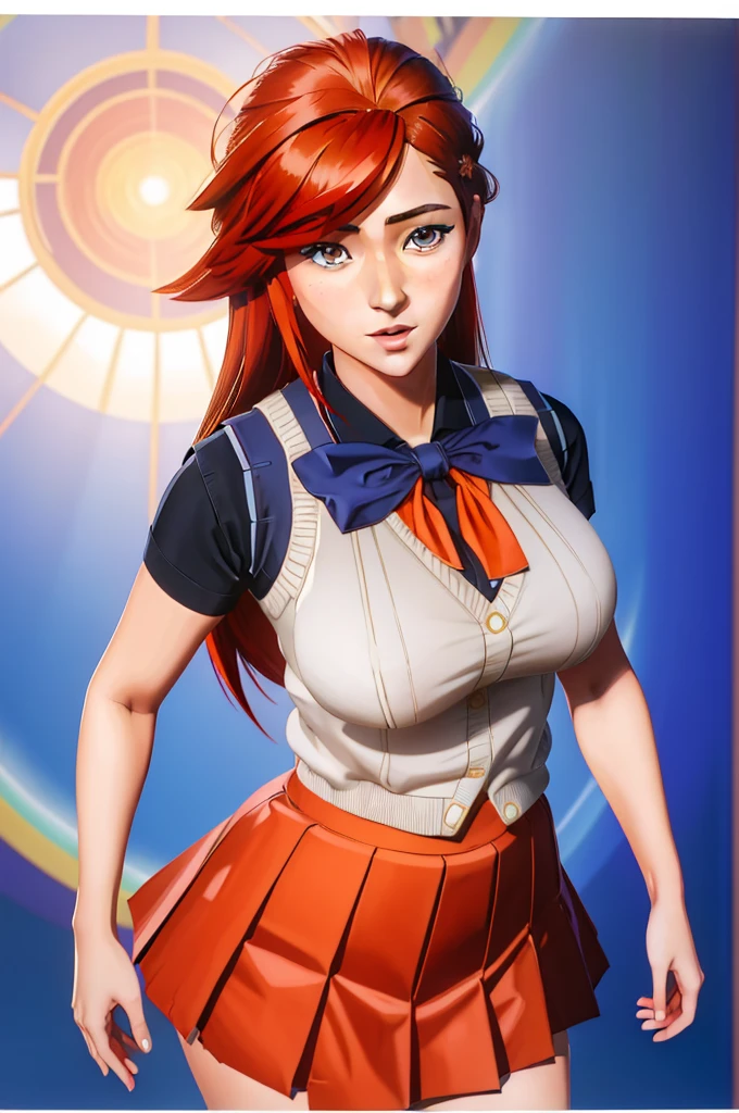 (best quality, ultra detailed, masterpiece), inoue orihime, orange hair, long hair, gray eyes, school uniform, hair ornament, thight sweater vest, pleated skirt, detalied background, school background, looking at the viewer, arcane style, big breast