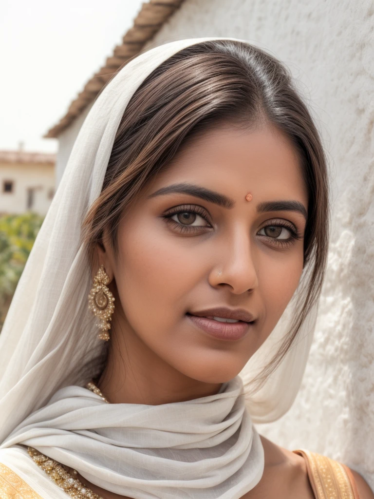 hires close up photo of trdi woman, outdoors, realistic skin texture, looking looking at camera, (patialwar:1.2),  white stucco background