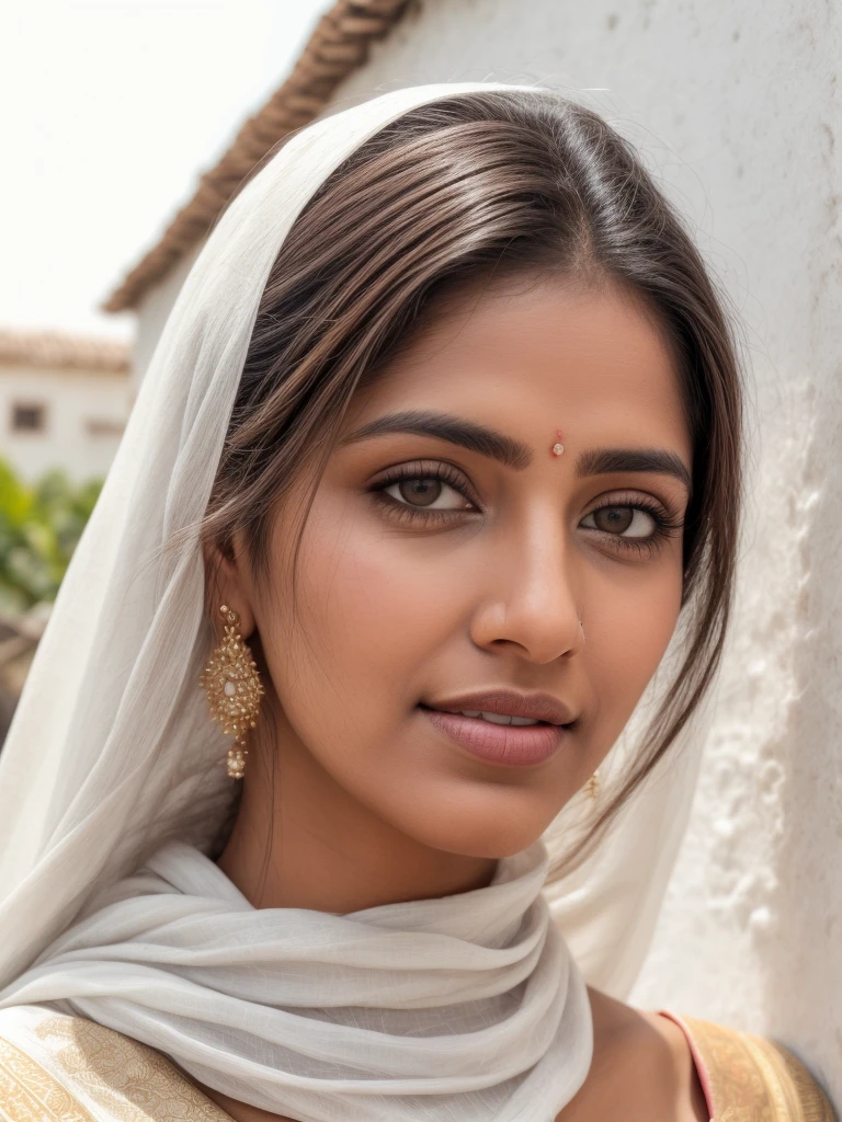 hires close up photo of trdi woman, outdoors, realistic skin texture, looking looking at camera, (patialwar:1.2),  white stucco background