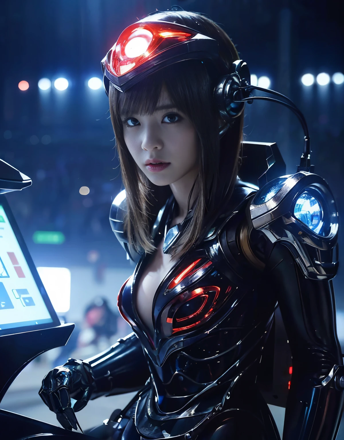 (1 Mechanical Girl)、top-quality、masterpiece、超A high resolution、(Photorealsitic:1.4)、Raw photo、女の子1人、Golden hair、glowy skin、(((1 Mechanical Girl)))、With a beautiful knife、(Red Metal Bodysuit)、(Please wear a mechanical helmet)、(beautiful forest background)、Precipitous cliffs、(Small LED)、((super realistic details))、portlate、globalillumination、Shadow、octan render、(One-Eyed Scouter)、8K、ultrasharp、Colossal tits、Raw skin is exposed in cleavage、metals、Details of complex ornaments、Japan details、highly intricate detail、Realistic light、CGSoation Trends、Red Eyes、radiant eyes、Facing the camera、neon details、(Mechanical limbs)、(blood vessels connected to tubes)、Mechanical vertebrae attached to the back、mechanical cervical attaching to neck、(Wires and cables connecting to the head)、Gundam、Small LED、,Mechanical thighs、Toostock、(Hands are also made of machines)、(Please wear a mechanical helmet)、