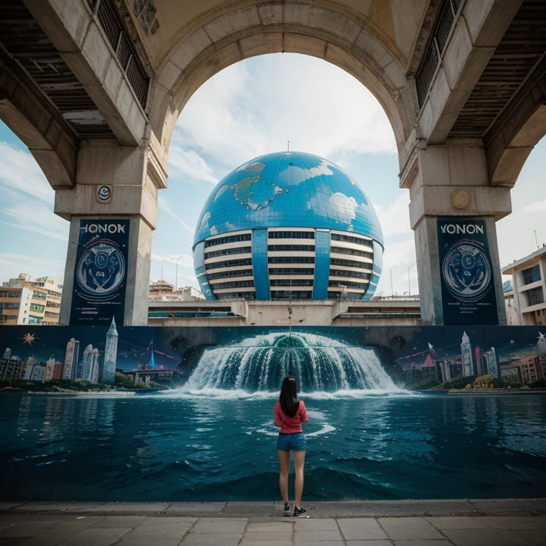 Mural de un paisaje futurista en una ciudad de hon kong del siglo 22