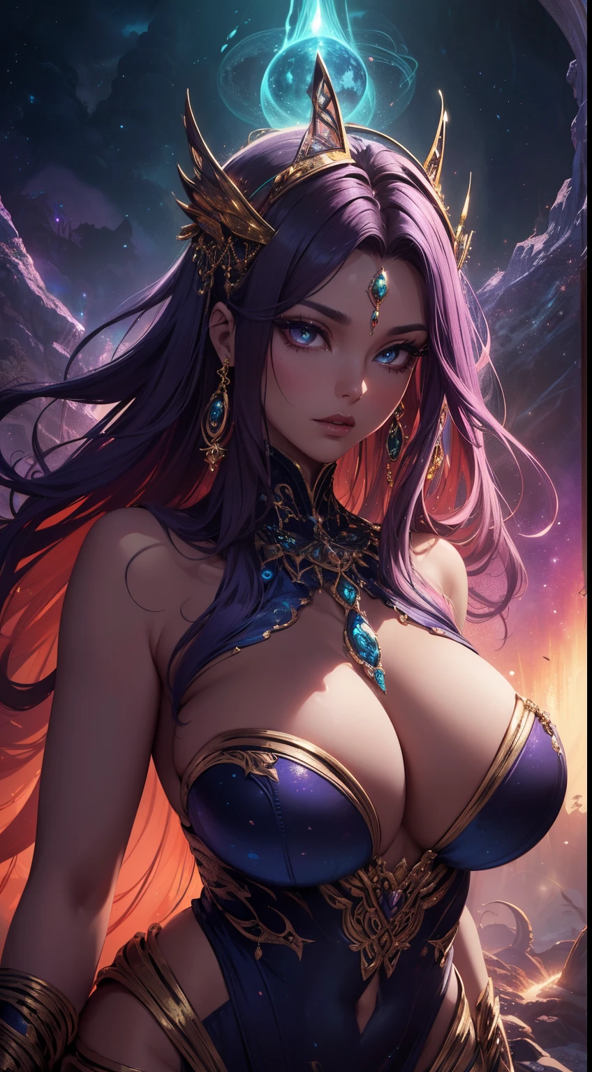 (best quality,highres,masterpiece:1.2),sexy fantasy alien woman,unique detailed features,extraterrestrial skin,beautiful vibrant colors,colourful foliage,exotic flowers,mystical atmosphere,magical glowing plants,surreal landscape,ethereal lighting,amazingly detailed costume,body-hugging outfit,alluring pose,seductive eyes,mesmerizing gaze,long flowing hair,distinctive alien markings,powerful aura,otherworldly beauty,metallic accessories,ornate jewelry,cosmic energy,extravagant headdress,intense emotions,unknown language,enticing atmosphere,mythical creature,sensuous lips,alien ecosystem,celestial background,supernatural powers, curves,stunning physique,hovering in mid-air,floating orb companions,Alien Queen's paradise,cosmic artistry