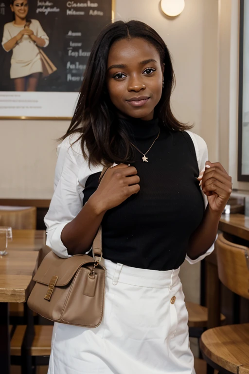 Son pere est congolais, salut mère française, dont the fille is metisse, elle a la peau chocolat, un visage parfait, souriant, elle a 20 ans, salut photo prise dans un restaurant, she carries a mini jupe and a main bag, single noir, cheveux brun, elle a une de grosses fesses
