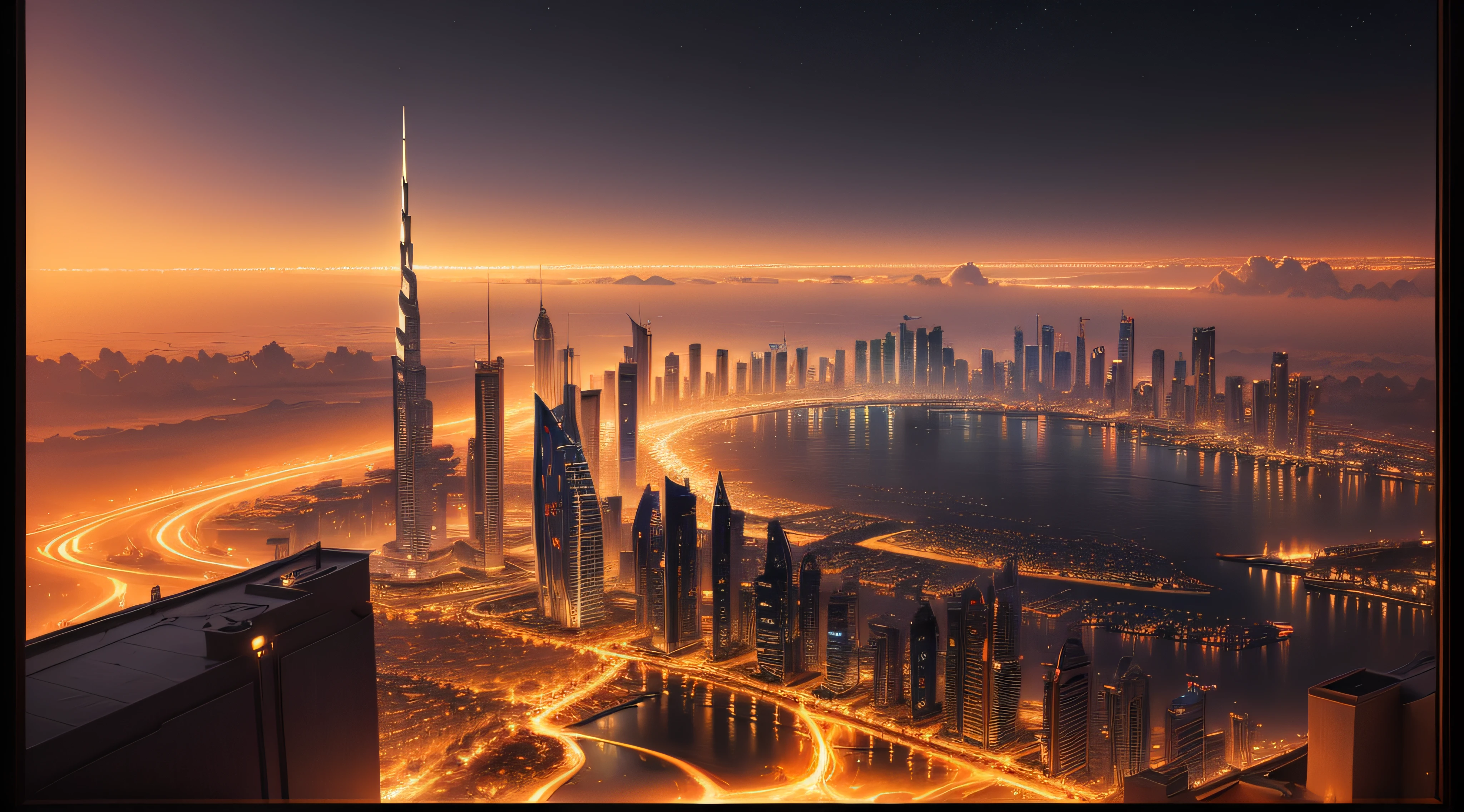 A beautiful painting of dubai at night, meaningful scene that is moody in the style of Thomas Kinkade ,HD 4k , seamless texture