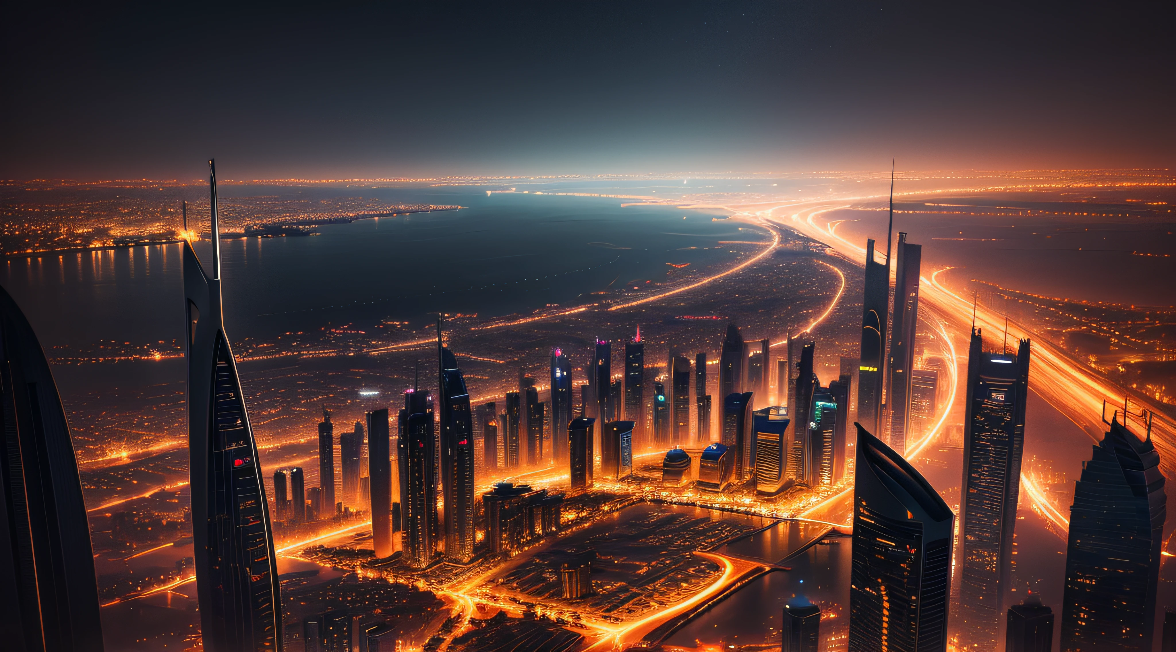A beautiful painting of dubai at night, meaningful scene that is moody in the style of Thomas Kinkade ,HD 4k , seamless texture