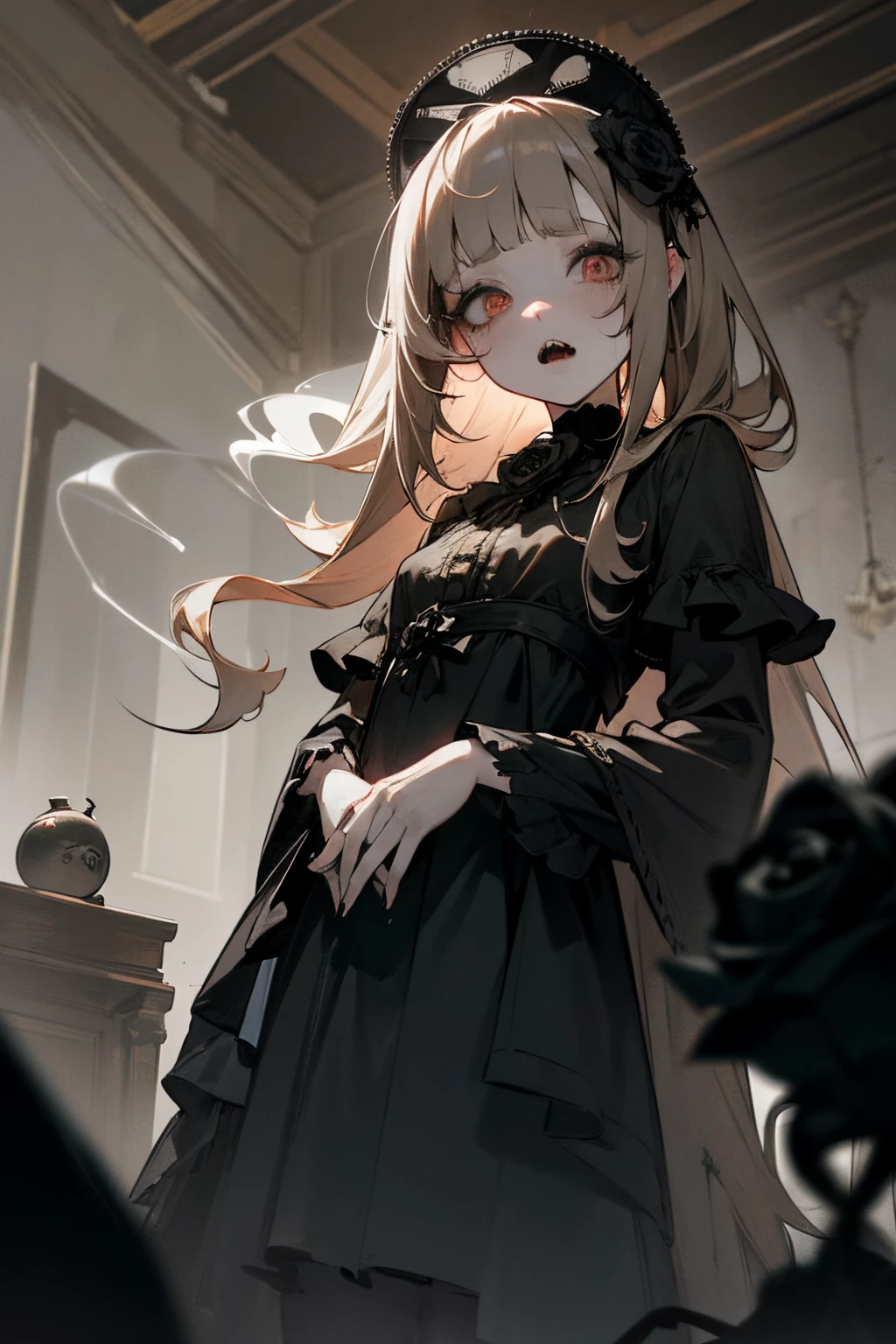 ((Masterpiece)), from below, 1girl, little girl, blunt bangs, feminine, pale brown hair, (silky straight hair), muted colors, monochrome, pale skin, ((makeup goth)), cute, lipstick, night, ((Black roses on head)), ((smoke)), (blowing smoke), (indoors), Hair hide eyes, 3d, (bell), ((Dusty)), ((cobwebs)), scenery, (cracked skin), glowing, fractured skin, antique doll style, dark white, (hollow eyes), (sharp teeth, open mouth wide), ruins