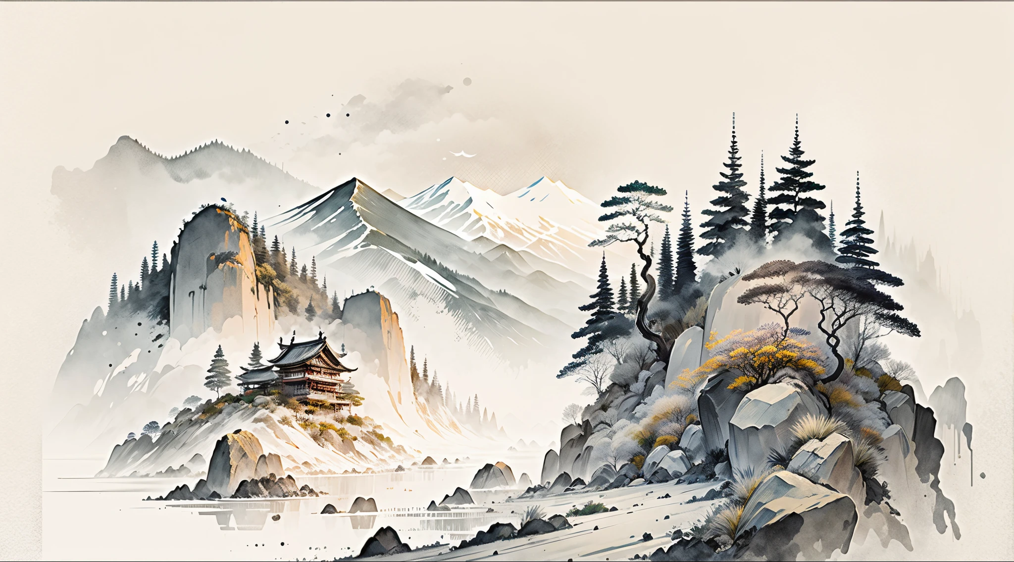 (Masterpiece, best quality: 1.2), (No_Humanountains in the distance, traditional Chinese ink painting, houses, tombstones, meadows