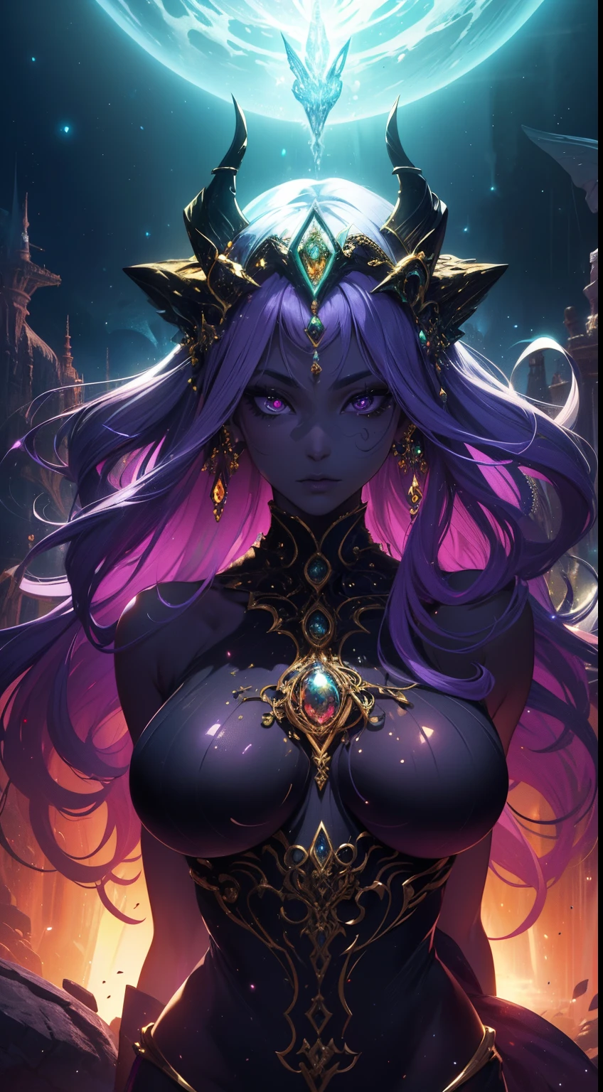 (best quality,highres,masterpiece:1.2),sexy fantasy alien woman,unique detailed features,extraterrestrial skin,beautiful vibrant colors,colourful foliage,exotic flowers,mystical atmosphere,magical glowing plants,surreal landscape,ethereal lighting,amazingly detailed costume,body-hugging outfit,alluring pose,seductive eyes,mesmerizing gaze,long flowing hair,distinctive alien markings,powerful aura,otherworldly beauty,metallic accessories,ornate jewelry,cosmic energy,extravagant headdress,intense emotions,unknown language,enticing atmosphere,mythical creature,sensuous lips,alien ecosystem,celestial background,supernatural powers, curves,stunning physique,hovering in mid-air,floating orb companions,Alien Queen's paradise,cosmic artistry