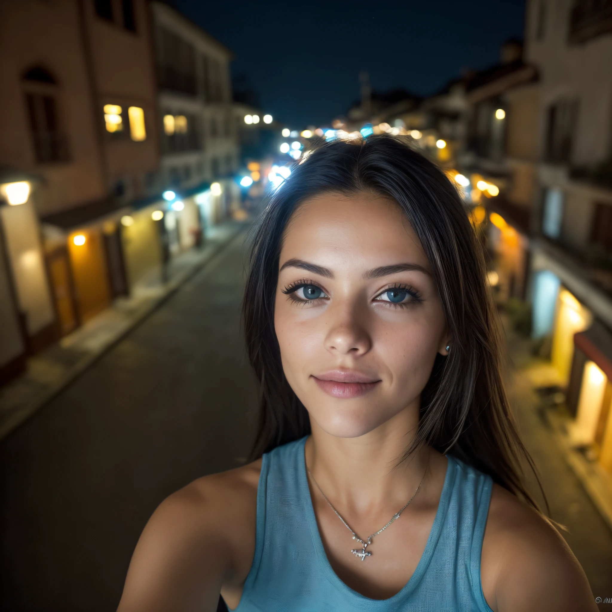 (Foto selfie, desde arriba:1.4), (postrait medio cuerpo:1.4), RAW uhd portrait photo of a 24 year old blonde (Mujer de ojos azules) walking down a dark alleyway, pecho natural, Antecedentes nocturnos de la ciudad, (Vestido de sol azul), (escote), Detallado (Texturas!, cabello!, brillar, Color!!, Imperfecciones:1.1), Ojos brillantes altamente detallados, (Looking at the camera), specular lighting, DSLR, Calidad Ultra, foco nítido, Tachuela afilada, DOF, Film grain, (centrado), Fujifilm XT3, Cristalina, Centro del marco, cara linda, foco nítido, farola, Neon lights, Bokeh, (Poca luz), discreto, Por la noche, (cielo nocturno) poros detallados de la piel, piel grasa, tan, Detalles intrincados de los ojos