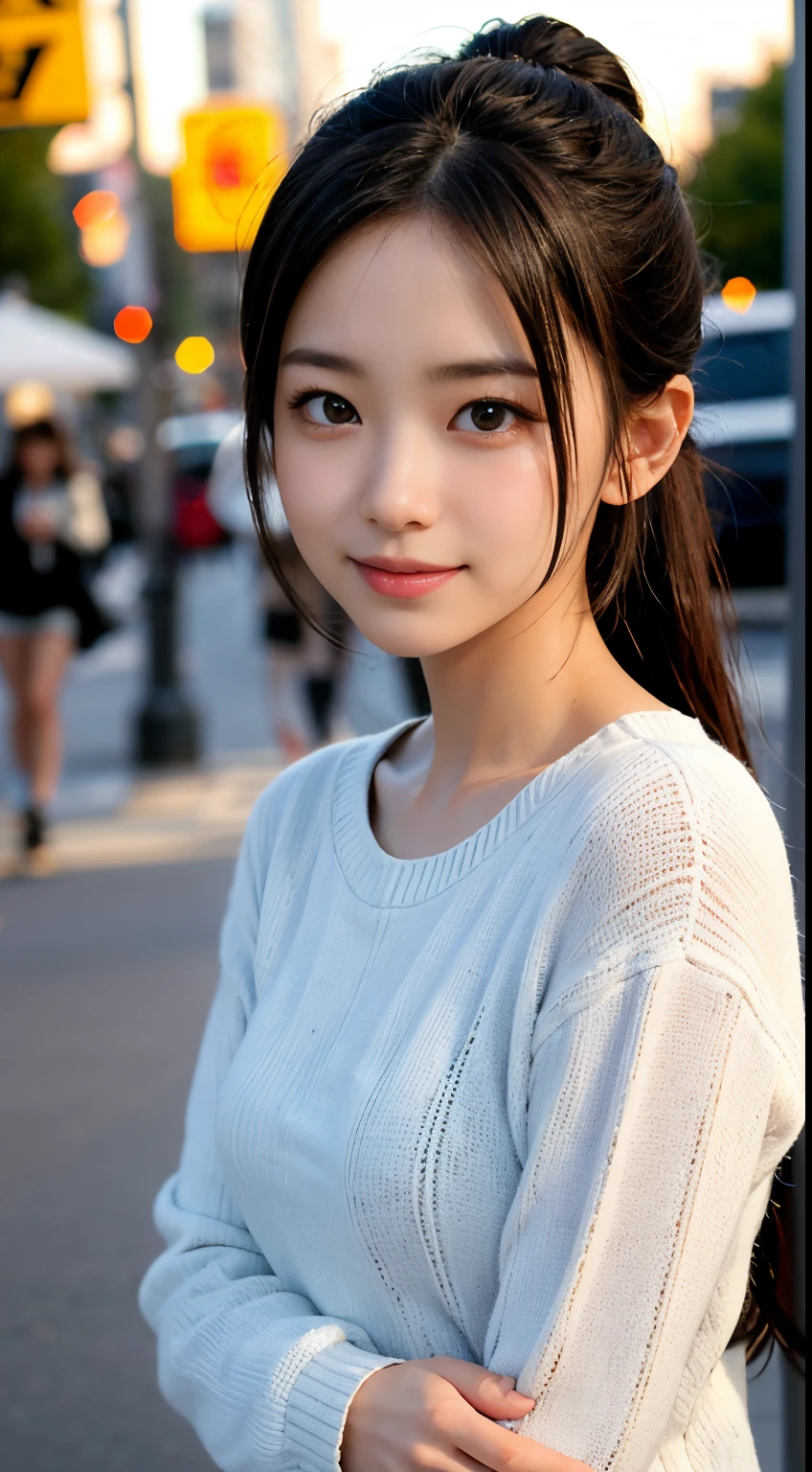 masutepiece, Best Quality, 8K, 15yo student, , Raw photo, absurderes, award winning portrait, Smile, Smile, Solo, Night, neons, Idol face, violaceaess, gardeniass, Delicate girl, Upper body, Digital SLR, Looking at Viewer, Candid, Sophisticated, zora々Right, Thin arms, Professional Lighting, chromatic abberation, (Eyes and faces with detailed:1.0), (Bokeh:1.1)、Knitted long-sleeved sweater、Ponytail hair