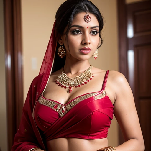 Beautiful woman in red saree, looking hot and seductive, juicy lips,