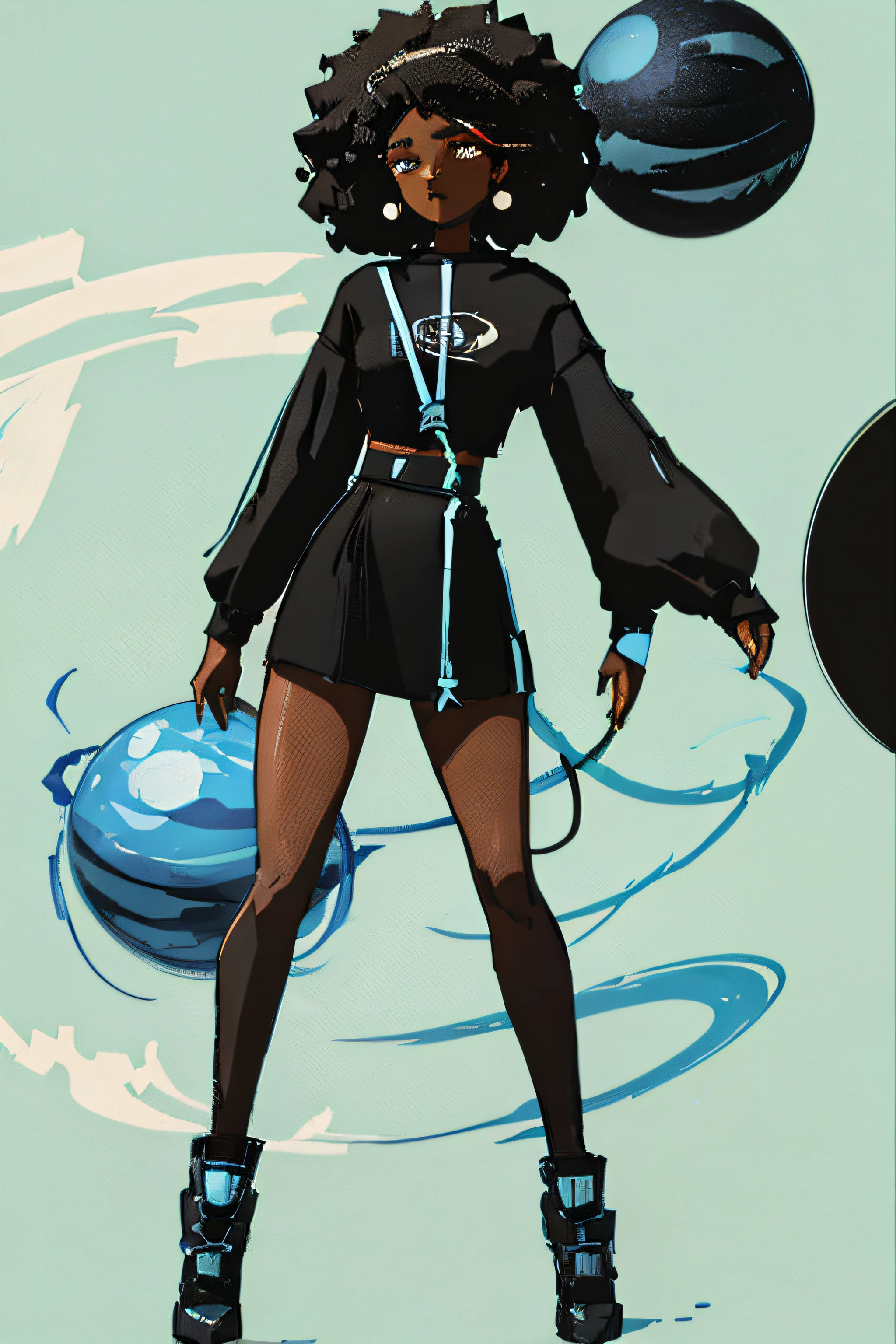 A black person without a defined gender, usando roupa moderna, body parts with planetary colors and style, mark of connection with a planet, design de arte, drawing animation style