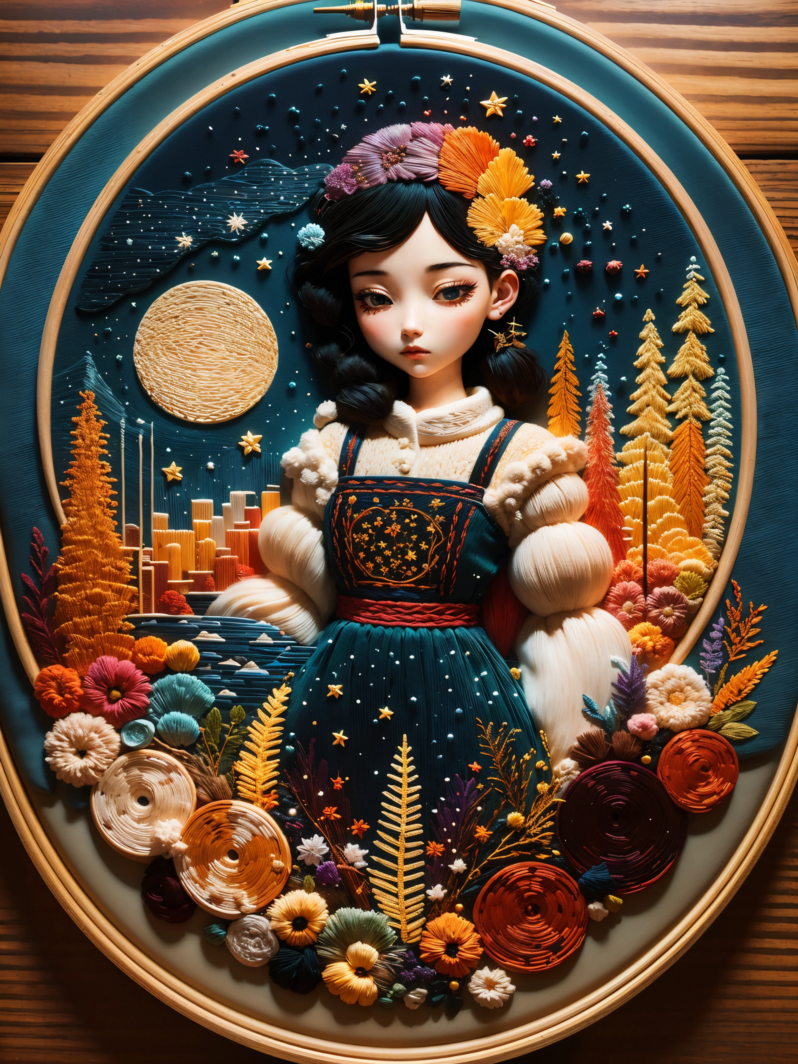 (best quality,4k,8k,highres,masterpiece:1.2), ultra-detailed, realistic, 8k, embroidery, girl , night sky, moon, stars