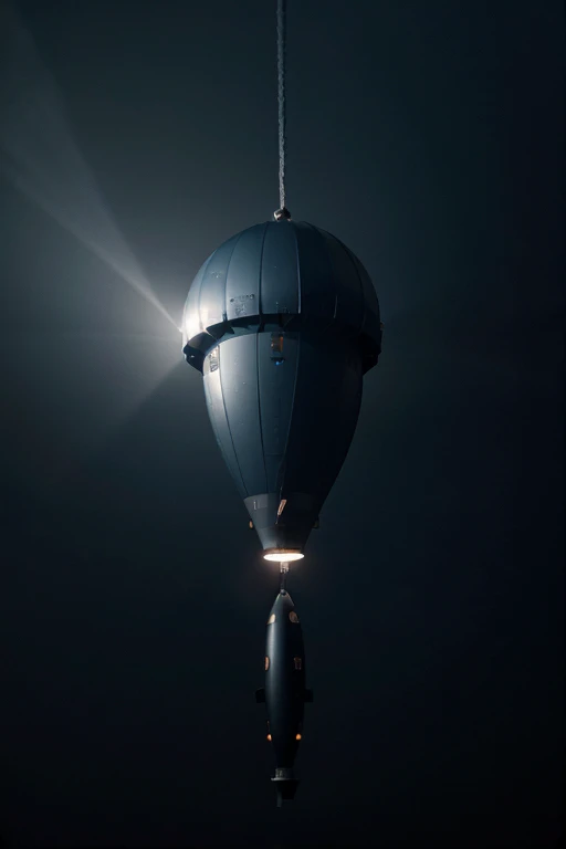Bottom-up view of single vertical metallic bathyscaphe long vertical submarine Deepsea Challenger 3D floating by gray tissue hot air balloon, blurred dark blue environment, dark depth, low light, dense dark atmosphere,