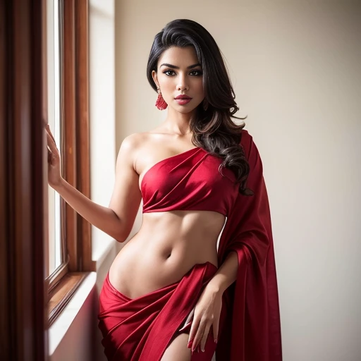 a woman in a red sari posing for a picture, featured on instagram, seductive, angular, sensual, hot, sexy, juicy lips,