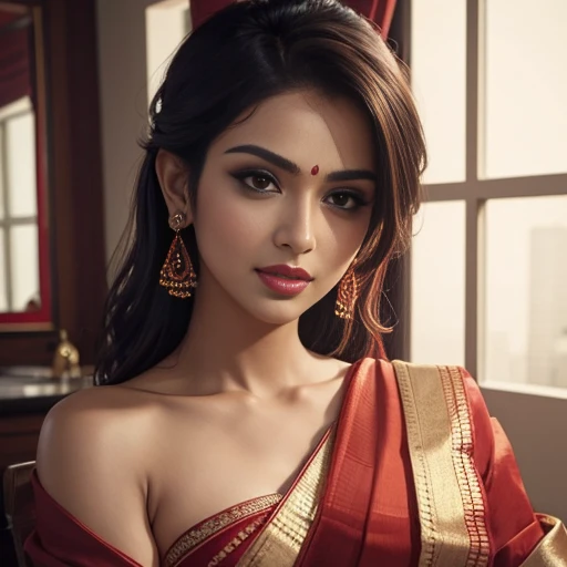 a woman in a red sari posing for a picture, featured on instagram, seductive, angular, , hot, sexy, juicy lips,
