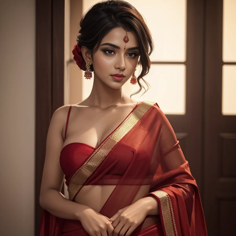 a woman in a red sari posing for a picture, featured on instagram, seductive, angular, , hot, sexy, juicy lips,