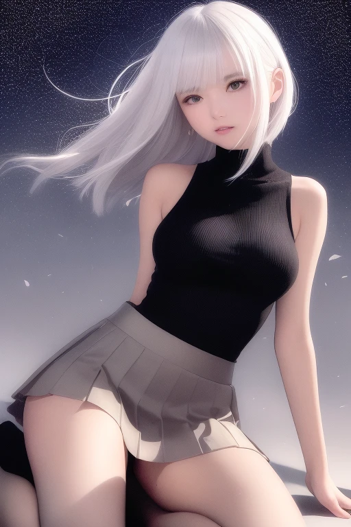 (Short flowy haircut) , cute medium side bangs, ((white hair)), galaxy scenery background, (starry evening sky), ultra detailed, young Japanese woman, (wearing elegant bracelet) , ((wearing thick thigh strap)), beautiful face, ((wearing a sleeveless turtleneck winter sweater)), ((pleated skirt and thighhighs)), ((hair flowing beautifully in the wind)) , perfect smooth legs, smiling, (((contrast rich rim lighting from both sides))) , ((very short golden finger nail polish)), (pair of black high heeled mary janes stiletto shoes) , perfect eyes, firm large sized breast, (((crossed arms))), thick calves, correct anatomy, tony taka art style, (cherry petals flying in the air by a soft breeze), (sitting with crossed legs) ,ultra wide angle view,  jewellery, ((cinematic dof)), underwear, (((girly posing)))