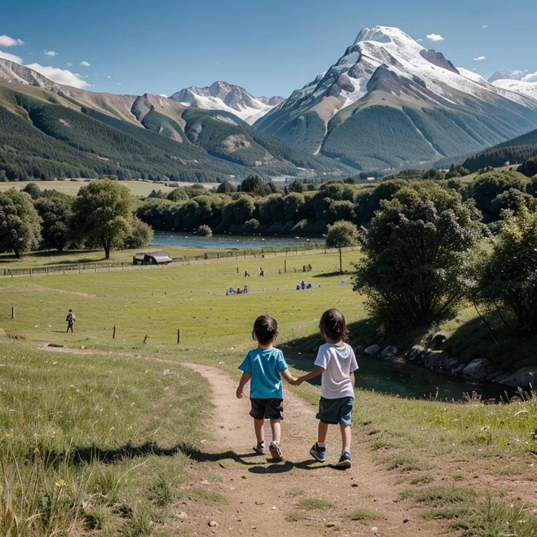 Children playing in a field surrounded by mountains and rivers