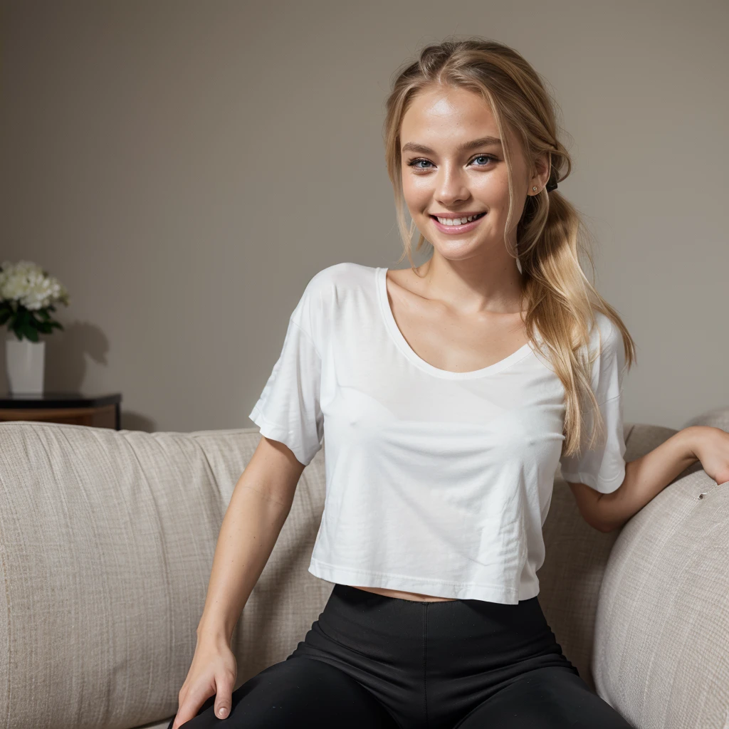 Nikon Z 85mm, Beautiful, one Petite 20-year-old elegant high-class supermodel, ((blond hair)), Bright gray eyes, ((High detailed skin, Skin Details)), Sharp Focus, 8K UHD, Digital SLR, High quality masterpiece, gorgeous russian face, (((laughing))), photo realistic, ((wearing slouchy long black sports pants and white Tshirt)). Beautiful ponytail. Sitting on a couch at home. Warm tone atmosphere