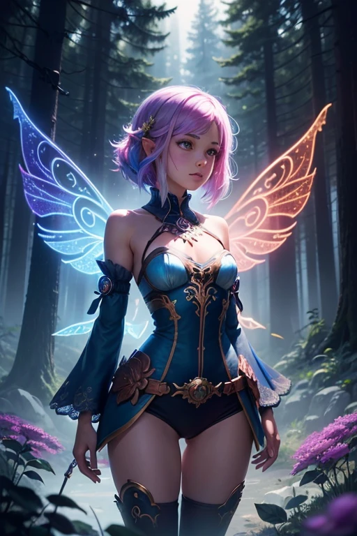 Magical Forest scenery, chronomancer(a female), a time-manipulating mage,clean skin, particles of light, multi color fairy wings, neon multi color hair, soft particles of fractal energy, depth of filed, breath of wild, Lots of flowers around,
masterpiece, perfect anatomy, 32k UHD resolution, best quality, highres, realistic photo, professional photography,cinematic angle, cinematic lights, vibrant, vivid color,highest detailed, whole body from far away, looking at viewer, cowboy shot
