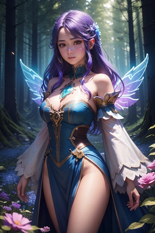 Best masterpiece, high quality painting, a beautiful Asian girl named (Linna), she is with (Kim. Kardashian) is completely different in appearance, 1girl, she is a magician, wearing a purple magic robe, a purple dress, a pink magic wand, a golden headdress with purple gemstones in the middle, a golden headdress with purple gemstones, she walks in the enchanted forest, surrounded by enchanted forests and various strange animals, next to her there is an elf with small wings and a short skirt --auto --s2