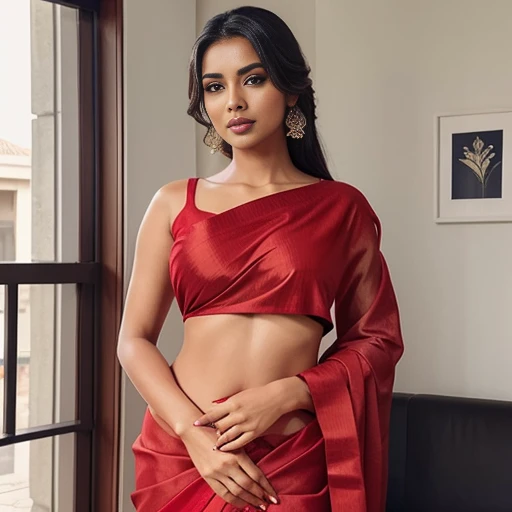 a woman in a red sari posing for a picture, featured on instagram, seductive, angular, , hot, sexy, juicy lips,