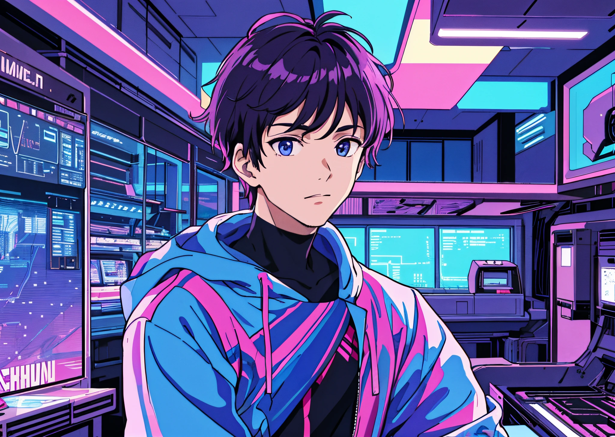 (masterpiece, best quality), 1boy, Talk, Indoor , , purple and blue, synthwave colors,