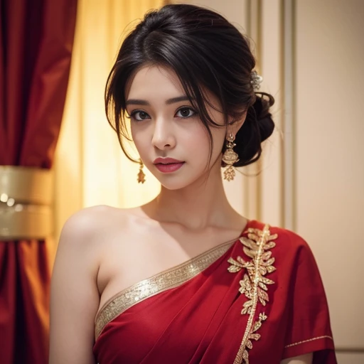 a indian woman in a red sari posing for a picture, featured on instagram, seductive, angular, hot, sexy, juicy lips,
