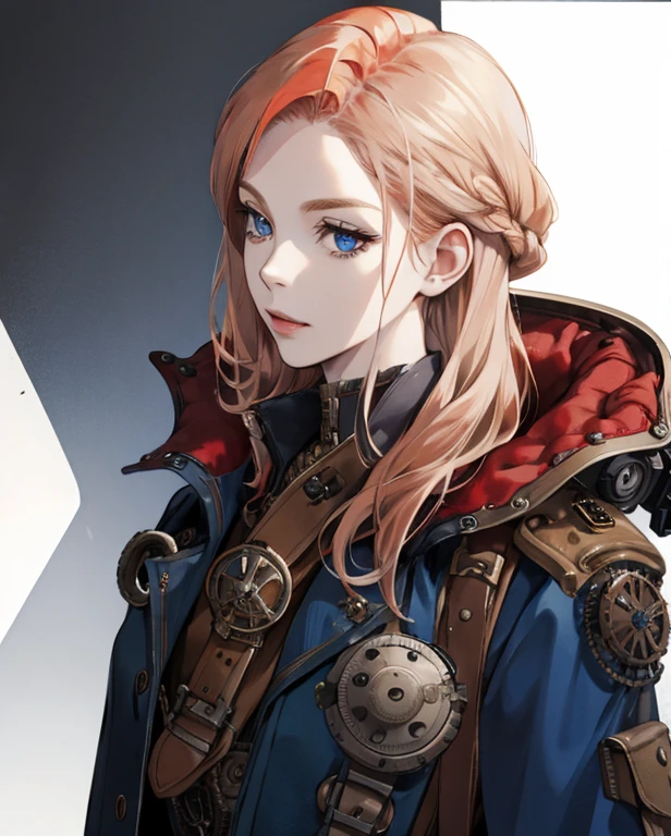 A headshot of a white female, medium length strawberry blonde hair, dark blue eyes. Wearing a steampunk style military uniform