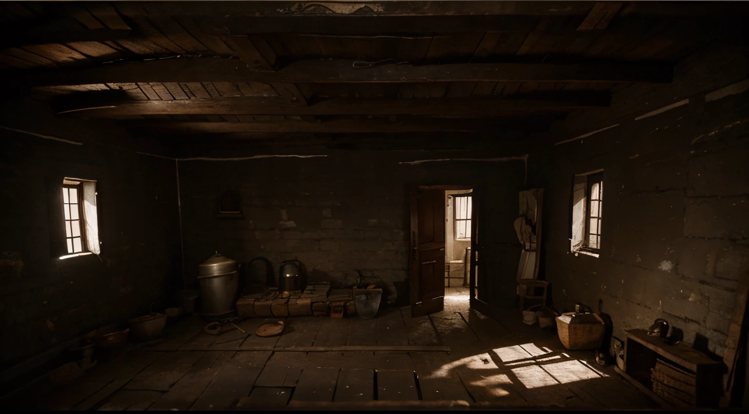 aerial scene of slaves in the slave quarters, 1850 period, ultra-realistic, dark photography, bright atmosphere
