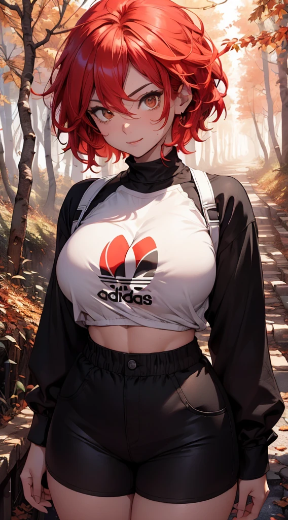1female, 23 years old, she has short flowing light RED hair, hair straight, (short hair: 1.5), (red hair: 1.35), red eyebrows, brown eyes, large breasts, big chest, wide hips, Hourglass body shape, inflated thighs, hourglass waist, abs, fit, narrow waist, Bigchest, (white skin:1.35), (((wearing a oversized cropped black shirt))), (((wearing loose adidas shorts))), pants with folds, (sport pants), Wet straight hair, ((autumn forest background)), (Detailed background) (full detaile 8k), vfx, (perfectly detailed eyes), (looking at public) (dynamic pose:1.0),embarrassed,(centered,scale to fit dimensions,Rule of thirds), highres,sharp focus,(ultra detailed,extremely detailed),(photorealistic artwork:1.37),(extremely detailed CG unity 8k wallpaper),(((vibrant colors,vibrant theme))), Emotive expressions,Open-mouthed, seductive look, smile, Chest sagging, extremely large bosom, Extremely colorful, standing on your feet, Cinmatic lightning, detailed background, Most detailed,, The face is well lit, (intricate) (masterpiece), (best quality), (round face), (detailed face) From the font side, Front view, coquete look