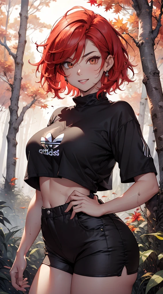 1female, 23 years old, she has short flowing light RED hair, hair straight, (short hair: 1.5), (red hair: 1.35), red eyebrows, brown eyes, large breasts, big chest, wide hips, Hourglass body shape, inflated thighs, hourglass waist, abs, fit, narrow waist, Bigchest, (white skin:1.35), (((wearing a oversized cropped black shirt))), (((wearing loose adidas shorts))), pants with folds, (sport pants), Wet straight hair, ((autumn forest background)), (Detailed background) (full detaile 8k), vfx, (perfectly detailed eyes), (looking at public) (dynamic pose:1.0),embarrassed,(centered,scale to fit dimensions,Rule of thirds), highres,sharp focus,(ultra detailed,extremely detailed),(photorealistic artwork:1.37),(extremely detailed CG unity 8k wallpaper),(((vibrant colors,vibrant theme))), Emotive expressions,Open-mouthed, seductive look, smile, Chest sagging, extremely large bosom, Extremely colorful, standing on your feet, Cinmatic lightning, detailed background, Most detailed,, The face is well lit, (intricate) (masterpiece), (best quality), (round face), (detailed face) From the font side, Front view, coquete look