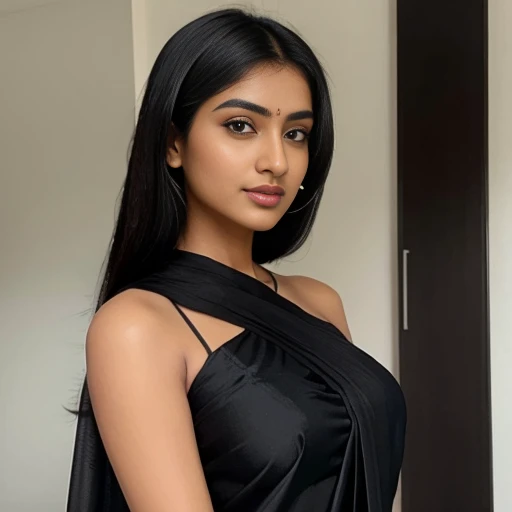 a indian woman in a black sari posing for a picture, featured on instagram, seductive, angular, hot, sexy,
