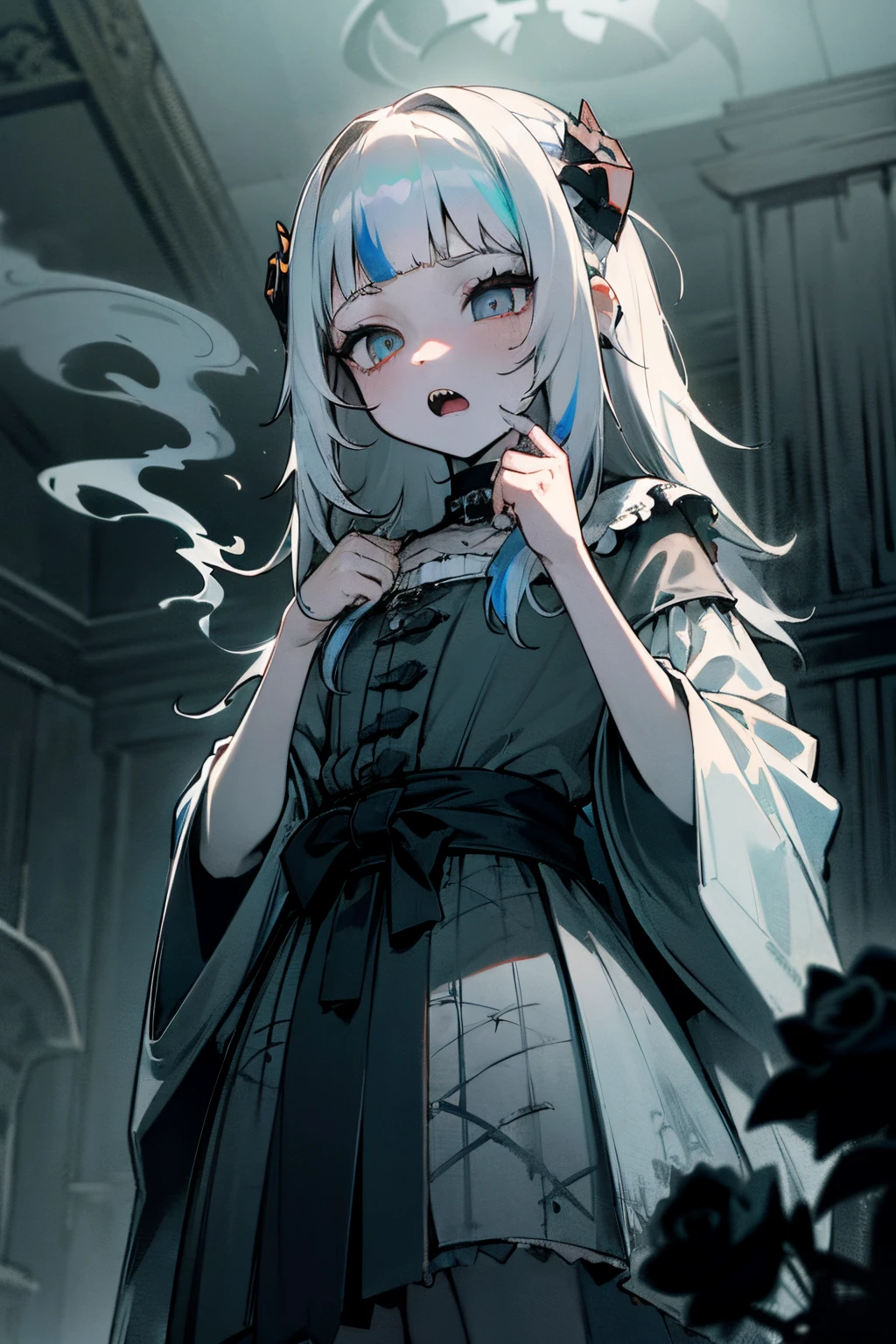 ((Gawr gura)), ((Masterpiece)), from below, 1girl, little girl, blunt bangs, feminine, (silky straight hair), muted colors, monochrome, pale skin, ((makeup goth)), cute, lipstick, night, ((Black roses on head)), ((smoke)), (blowing smoke), (indoors), Hair hide eyes, 3d, (bell), ((Dusty)), ((cobwebs)), scenery, (cracked skin), glowing, fractured skin, antique doll style, dark white, (hollow eyes), (sharp teeth, open mouth wide), ruins