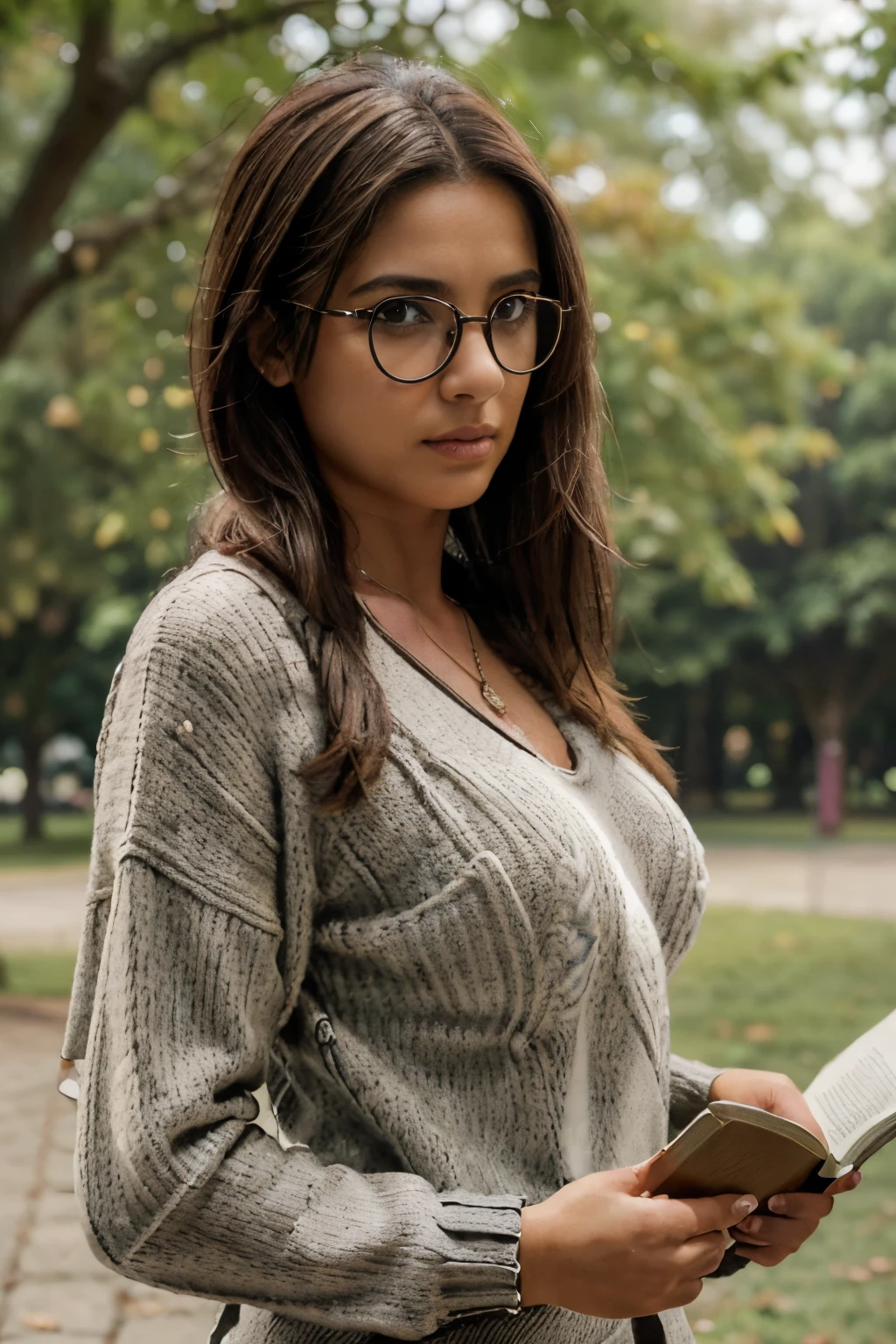 arafed woman with a necklace, long brown hair, RAW photo, bokeh (realism: 1.4, realistic), high detail CG unified 8K wallpaper, 1girl, ((toned body: 1)), (large breast: 1), ((leaning, front-side angle view)), (HQ skin: 1.4), 8k uhd, dslr, soft light, high quality, film grain, Fujifilm XT3, ((fully clothed, low neck-line sweater:1.5)), ananya pandey, portrait,((brown hair, large breast:1.2)),(at a park, reading a book. wearing spectacles:1.4),(half body:1.8)