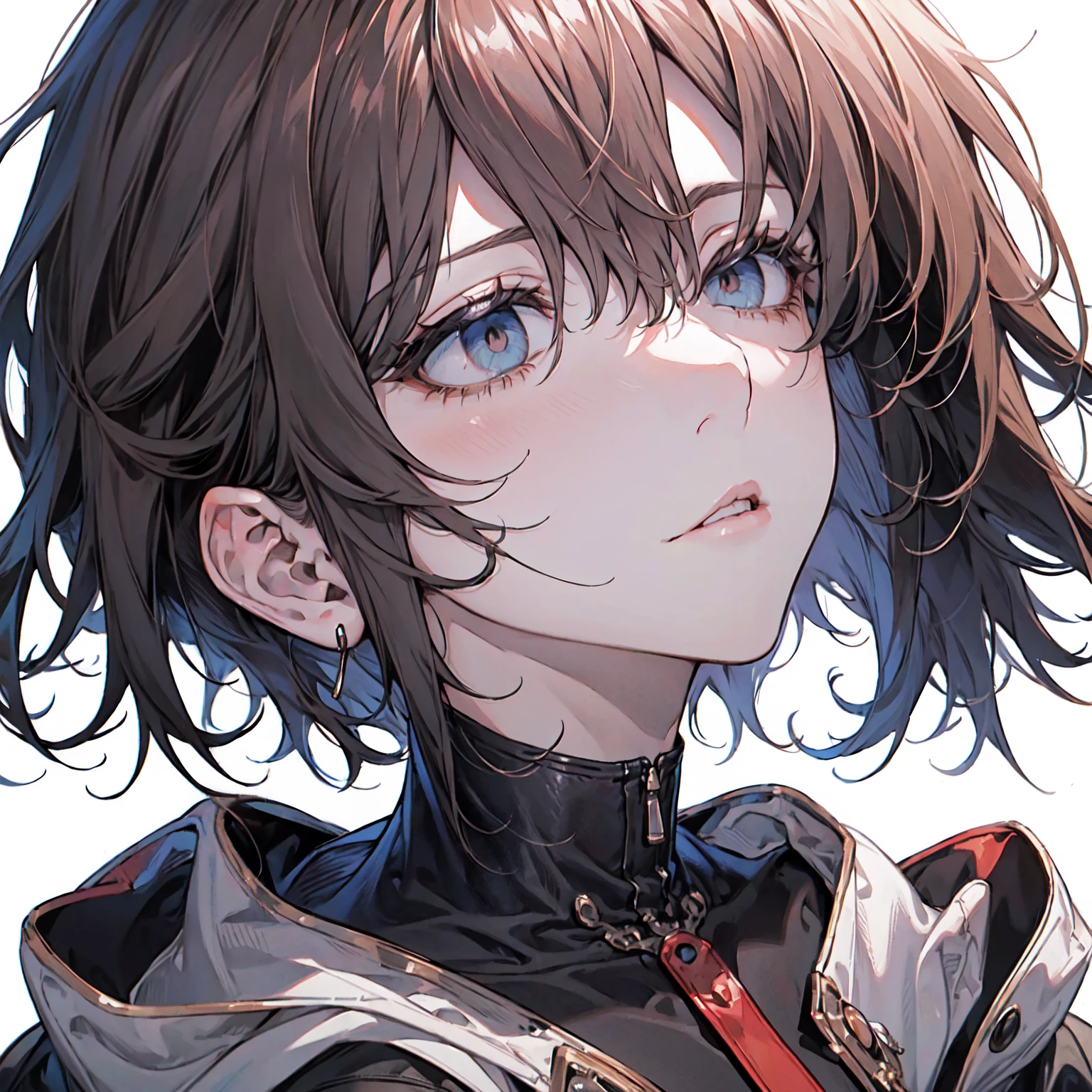 (masterpiece, absurdres, a high resolution, hyper-detailing, hdr, highres, best quality, high quality, top-quality, 8k, beautiful lighting, ultra_detailed, highres, highest quality, beautiful, cute, digital art:1.2), (amazing details, detailed hair, detailed eyes:1.25), (perfect eyes, even eyes:1.4), (an anime drawing of a male, anime styled, anime:1.1), looking at viewer, 1boy, boy, [17-year-old anime], ([in style of cytus and deemo], (half body adaptable:1.99), (close-up:1.99), pale skin, (emotionless:1.2), thin body, (white background,  background:1.8), illustration, 1boys, bangs, hair between the eyes, red eyes, Hairstyle Fax, male, blue hair, black and gray clothes, hooded jacket, --6