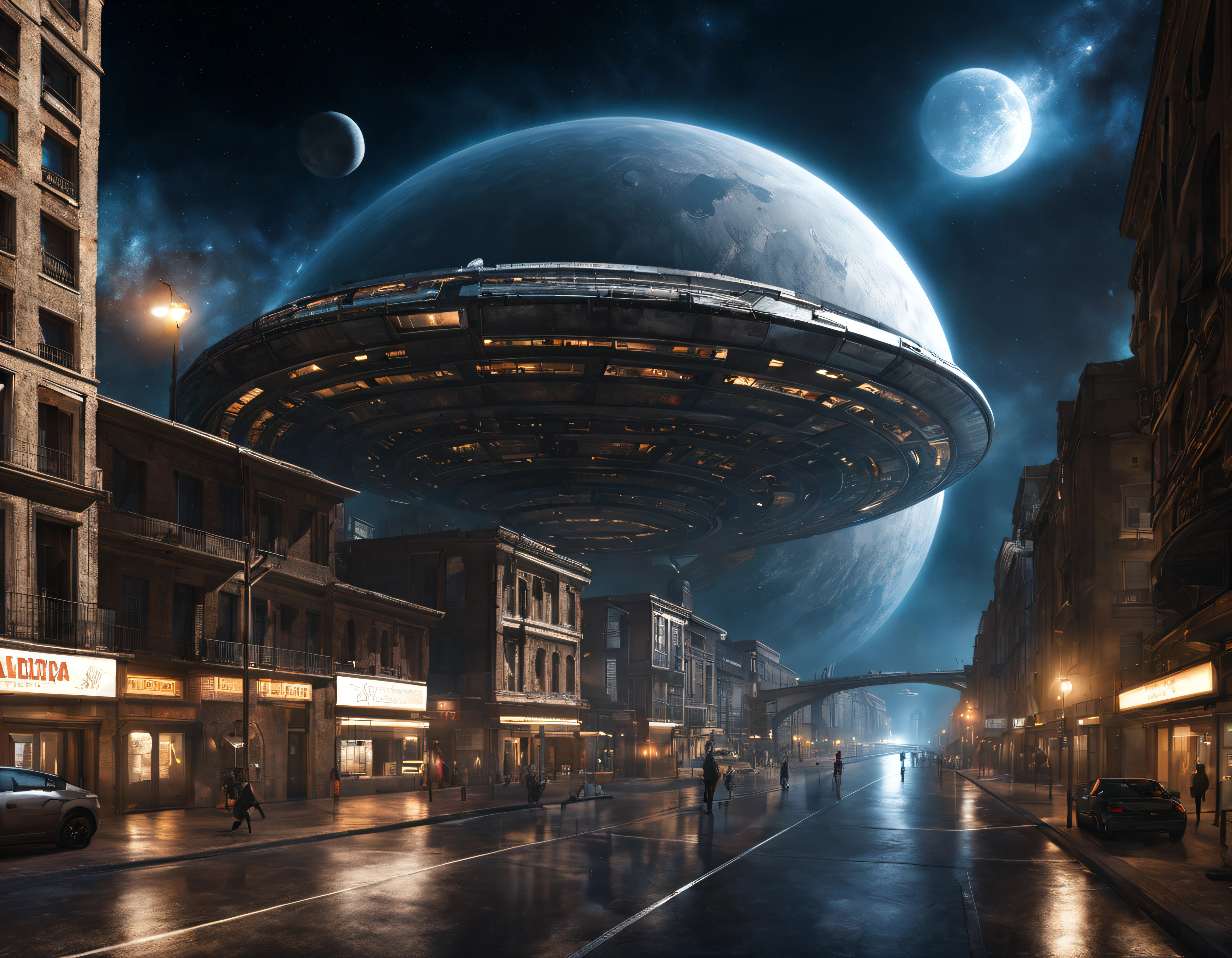 ripulantes de una nave intergalactica minera se posiciona en un planeta, con un nucleo urbano muy antiguo, pero con un pasado claramente tecnologico, con inmensos edificios en un pesimo estado de conservacion y completamente deshabitada. dos tripulantes inspeccionan la ciudad en un ambiente lugubre y iluminado por luz lunar, todo esto en un entorno de ciencia ficcion de primer nivel, ,todo lleno de imaginacion,ciencia ficcion y (intrincados detalles de la maquina).imagen fotorrealista,nitidez maxima, calidad 8k.(obra maestra de calidad superior).(renderizado 3d). obra maestra de superior calidad.