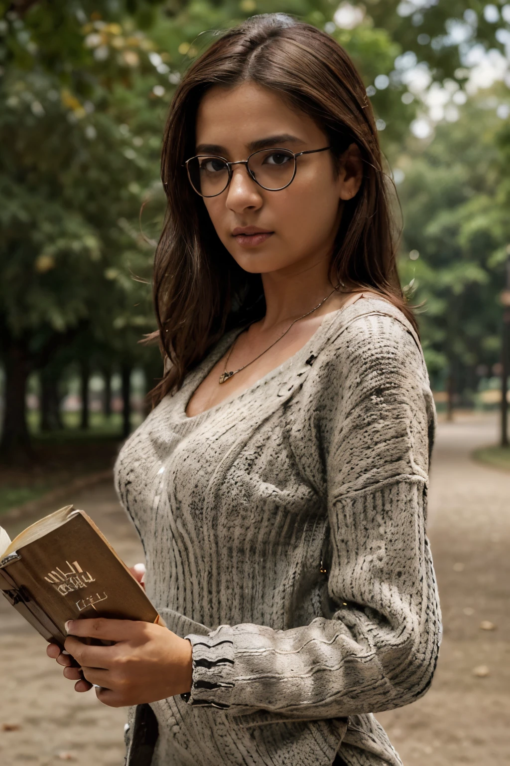 arafed woman with a necklace, long brown hair, RAW photo, bokeh (realism: 1.4, realistic), high detail CG unified 8K wallpaper, 1girl, ((toned body: 1)), (large breast: 1), ((leaning, front-side angle view)), (HQ skin: 1.4), 8k uhd, dslr, soft light, high quality, film grain, Fujifilm XT3, ((fully clothed, low neck-line sweater:1.5)), ananya pandey, portrait,((brown hair, large breast:1.2)),(at a park, reading a book. wearing spectacles:1.4),(half body:1.8)