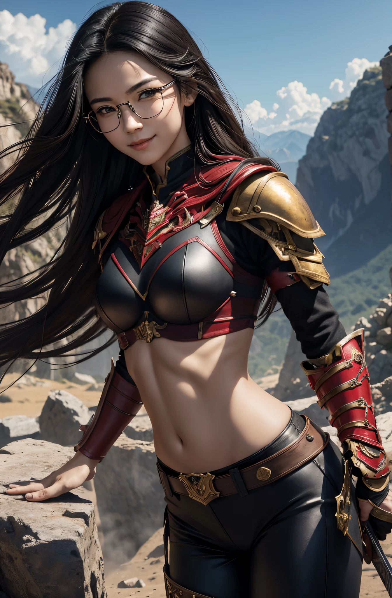 8K,very small breasts,Beautiful long black hair,A slender woman wearing luxurious red and black combat uniform is posing.,Super beauty(Like the real thing) very small breasts, lean body muscles,real looking skin,Thin glasses,cabelos preto e longos,Black eyes,red combat pants,Demon Slayer with very small breasts,digitalart, Gorgeous smiling goddess, 2 0 y. o model women, , 超A high resolution,A hyper-realistic,very small breasts,Rugged look,Fantasyart,character art,enticing,sexy with very small breasts,Outside the ruins,in mountains,a closeup,Luxurious red and black shoulder armor,Red and black gorgeous very small chest chest armor(Precise golden emblem),Japan holding a sword,combat scene,action scene,actionpose,hiquality,Precise facial detailake your expression clear),Beautiful fece,Look at viewers,Split abs,a smile,