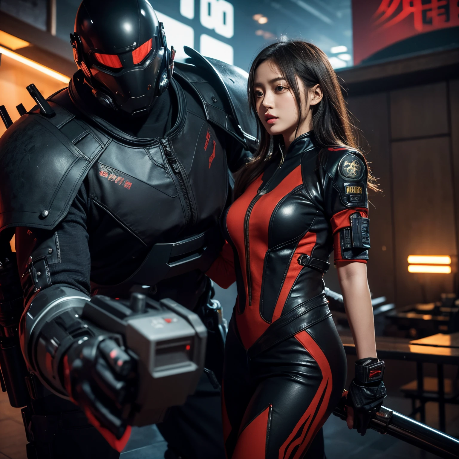 (Best quality at best), Oriental detailed background, scientific fiction,machine arm,Girl with man , karo, Monster Legion, techwear outfits,, army suit
