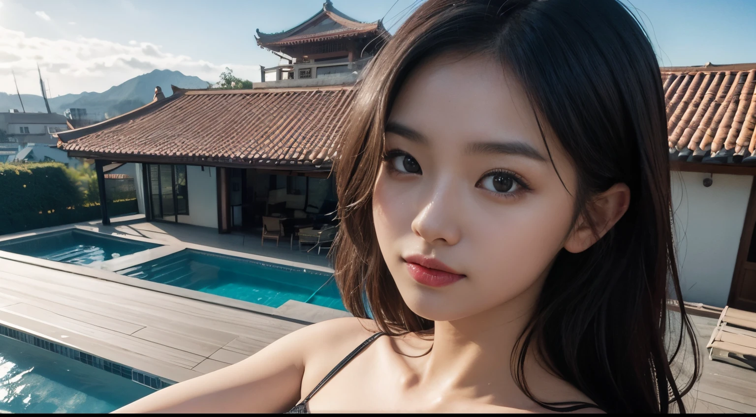 ((Best Quality)), ((masutepiece)), (Detailed), Perfect face,realistic pictures,Beautiful Asian woman posing by the pool on the roof of a building